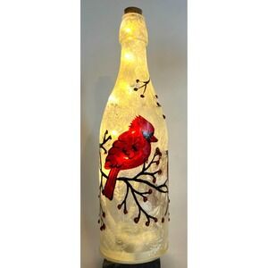 Hand Painted Bottle LED Starry‎ Lights Winter Cardinal Scene Red Bird Christmas